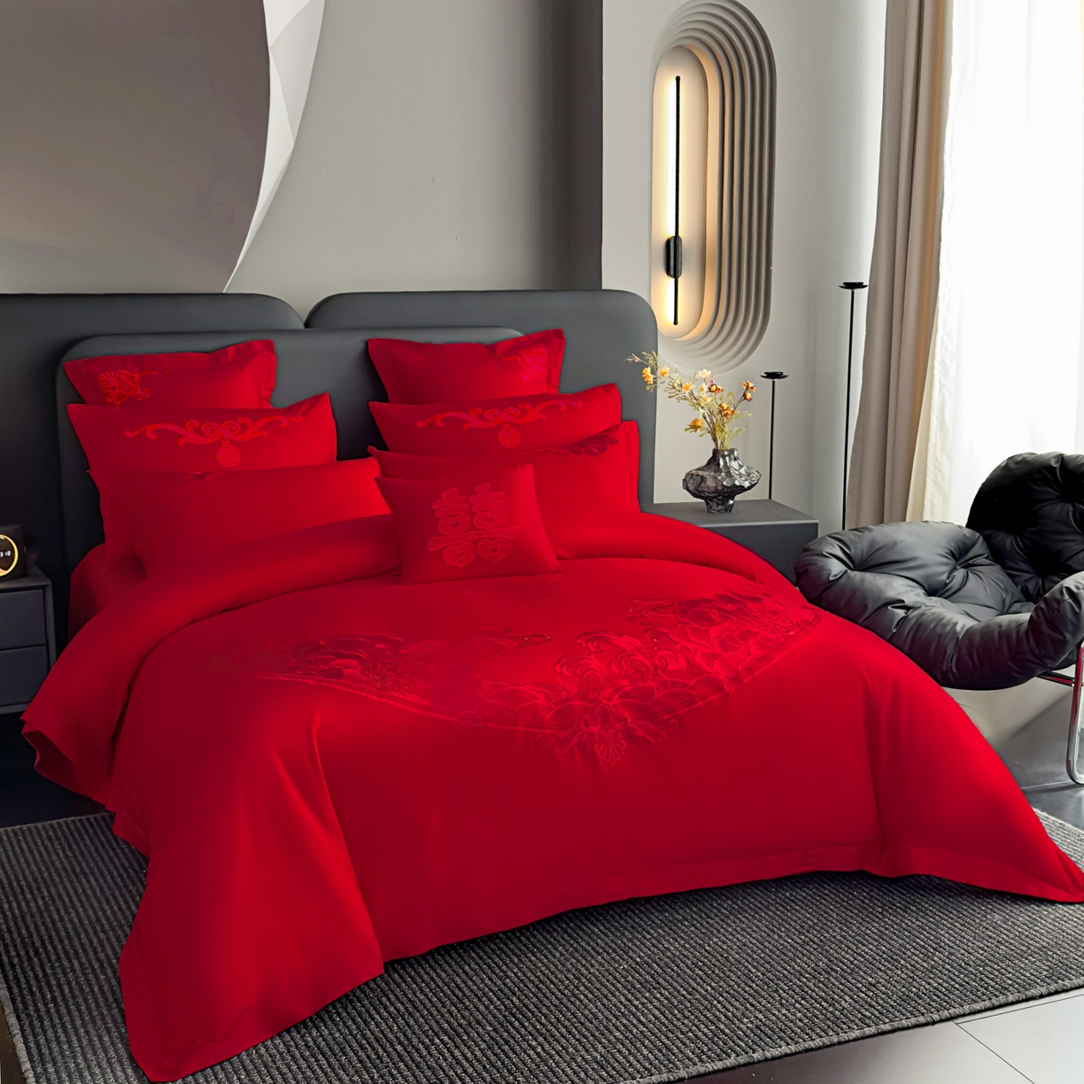 91家纺网 家纺一手货源 找家纺 娇伊诗婚庆 2025新款刺绣工艺全棉婚庆四件套系列 幸福美满红