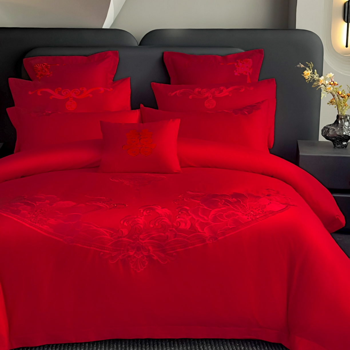 91家纺网 家纺一手货源 找家纺 娇伊诗婚庆 2025新款刺绣工艺全棉婚庆四件套系列 幸福美满红