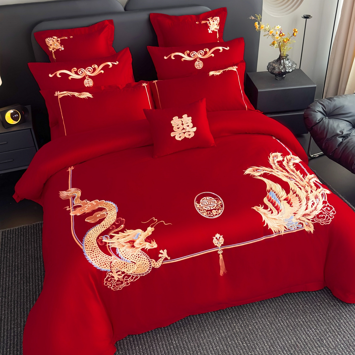 91家纺网 家纺一手货源 找家纺 娇伊诗婚庆 2025新款刺绣工艺全棉婚庆四件套系列 龙章凤姿