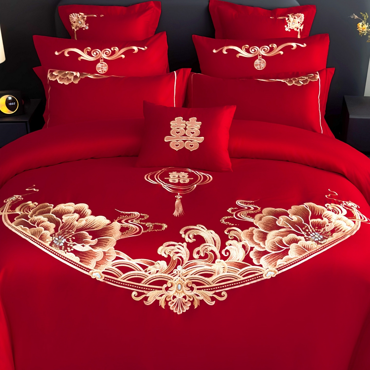 91家纺网 家纺一手货源 找家纺 娇伊诗婚庆 2025新款刺绣工艺全棉婚庆四件套系列 幸福美满金