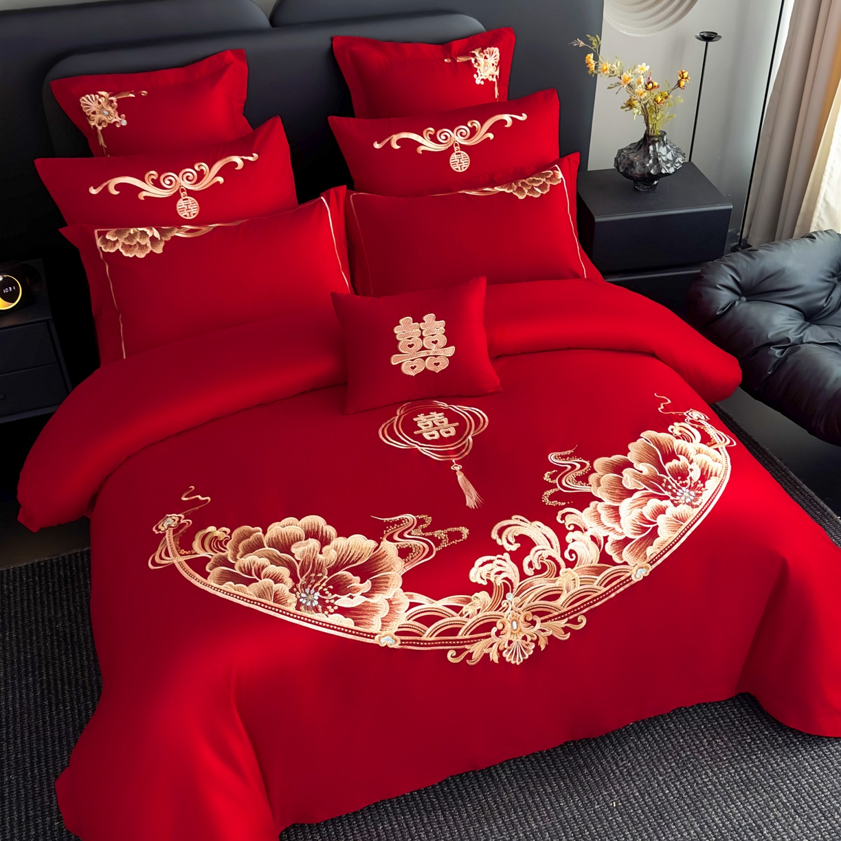 91家纺网 家纺一手货源 找家纺 娇伊诗婚庆 2025新款刺绣工艺全棉婚庆四件套系列 幸福美满金