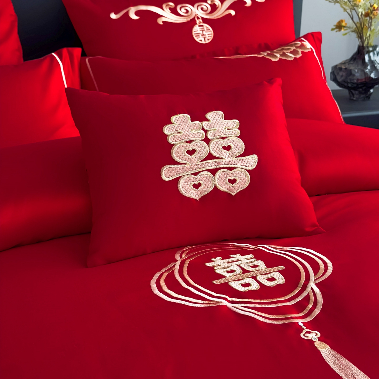 91家纺网 家纺一手货源 找家纺 娇伊诗婚庆 2025新款刺绣工艺全棉婚庆四件套系列 幸福美满金