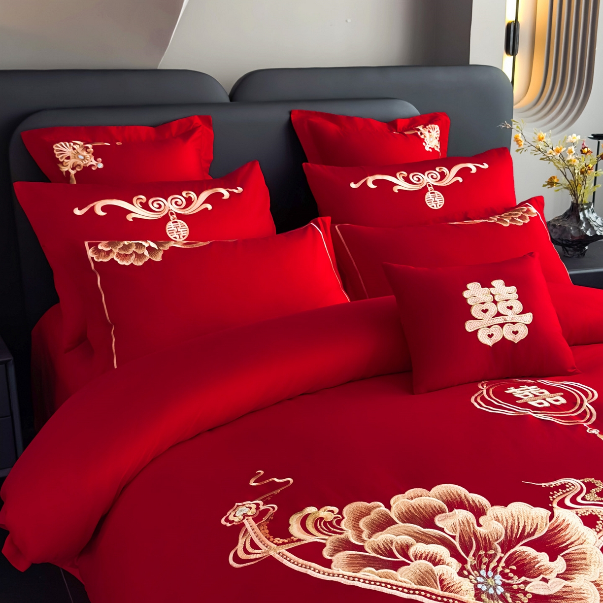 91家纺网 家纺一手货源 找家纺 娇伊诗婚庆 2025新款刺绣工艺全棉婚庆四件套系列 幸福美满金