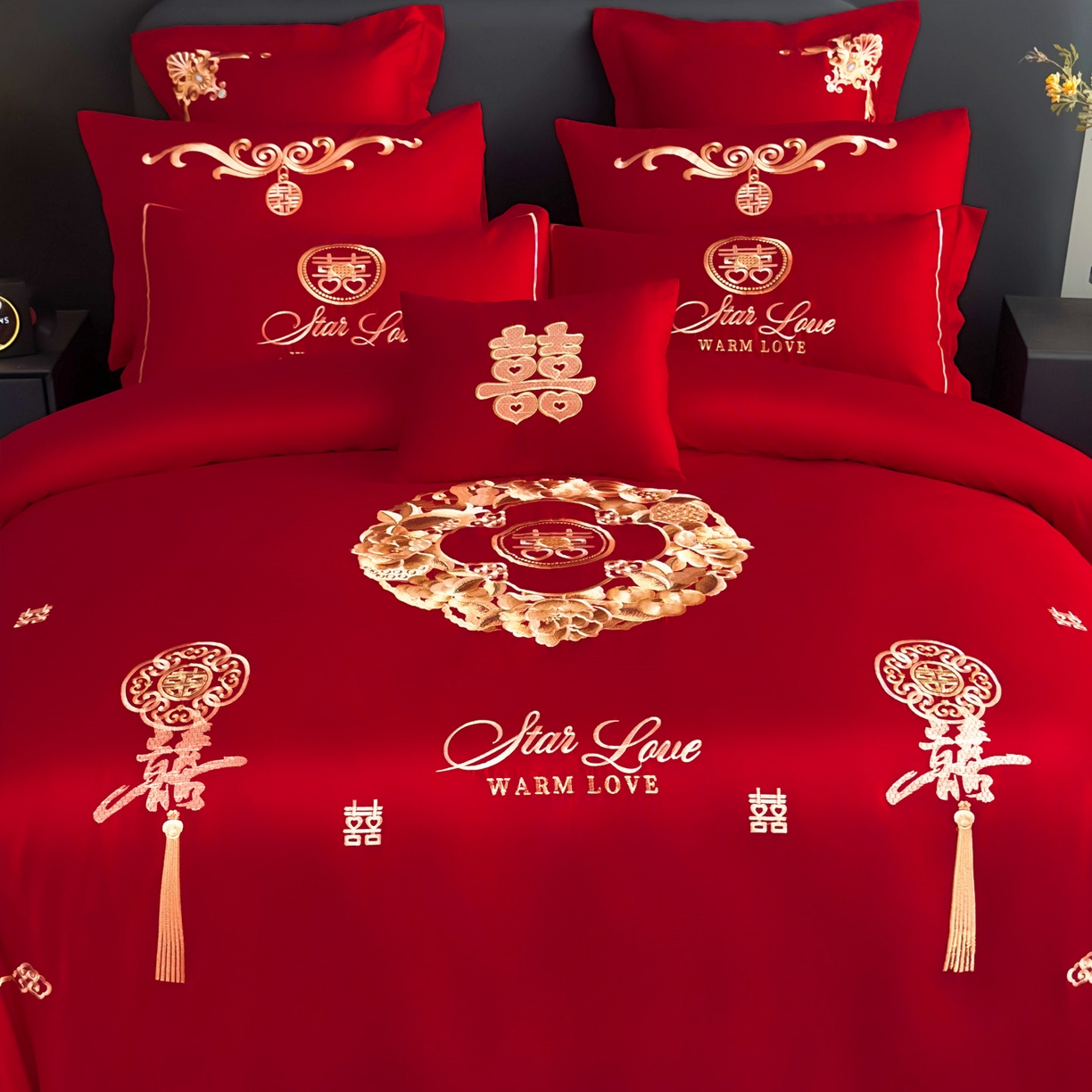 91家纺网 家纺一手货源 找家纺 娇伊诗婚庆 2025新款刺绣工艺全棉婚庆四件套系列 福满姻缘