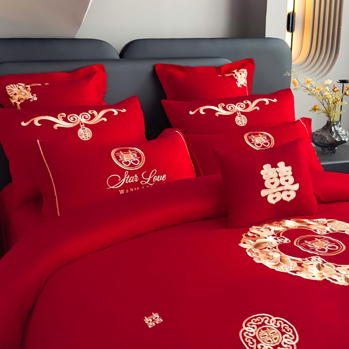 91家纺网 家纺一手货源 找家纺 娇伊诗婚庆 2025新款刺绣工艺全棉婚庆四件套系列 福满姻缘