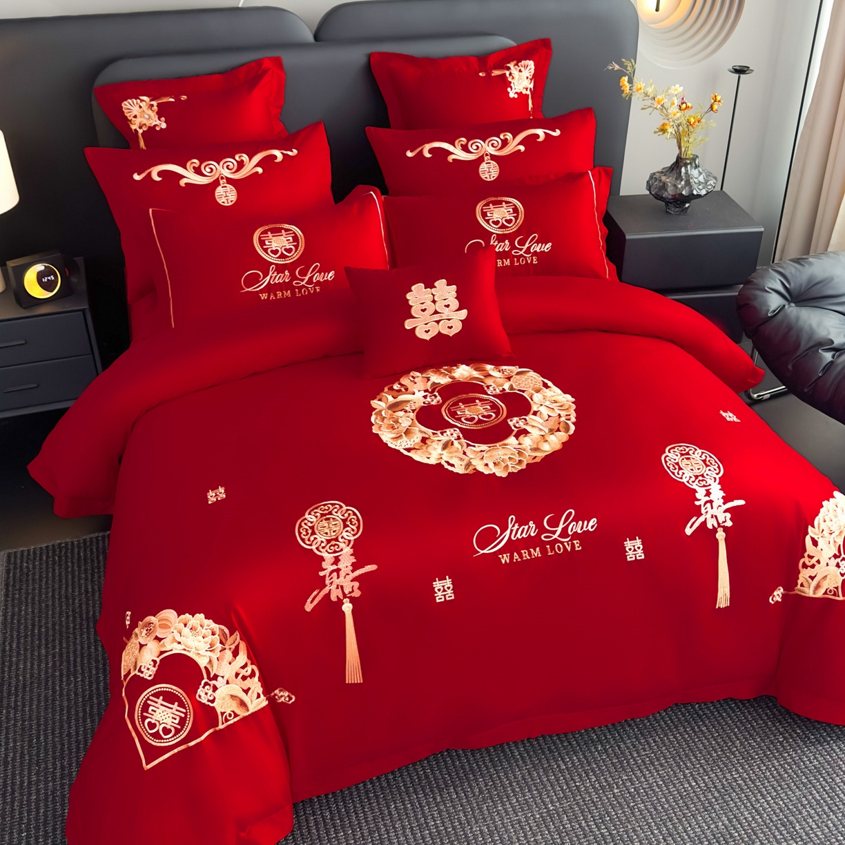 91家纺网 家纺一手货源 找家纺 娇伊诗婚庆 2025新款刺绣工艺全棉婚庆四件套系列 福满姻缘