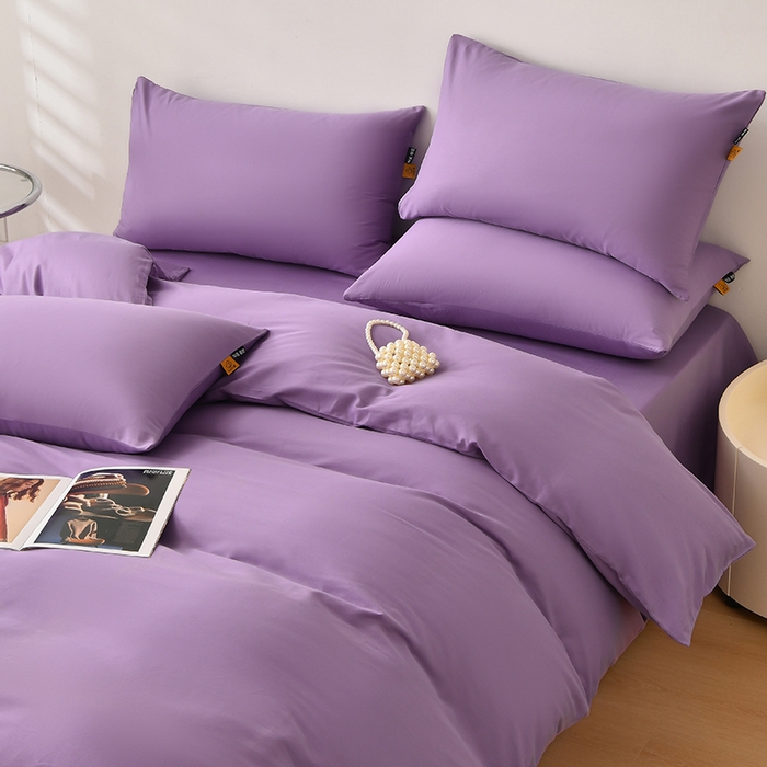 91家纺网 家纺一手货源 找家纺 宇彬家纺 2026直播热款A类13374全棉母婴级一字绣宽边枕套被套纯色四件套贡缎新疆长绒匹马棉轻奢-单被套 眠系列-典雅紫