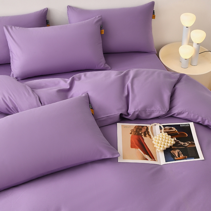 91家纺网 家纺一手货源 找家纺 宇彬家纺 2026直播热款A类13374全棉母婴级一字绣宽边枕套被套纯色四件套贡缎新疆长绒匹马棉轻奢-单被套 眠系列-典雅紫