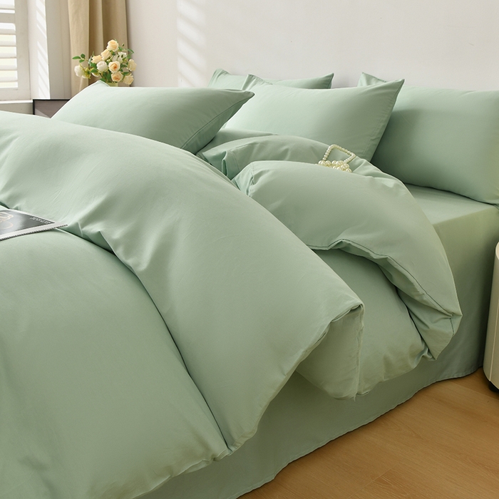 91家纺网 家纺一手货源 找家纺 宇彬家纺 2026直播热款A类13374全棉母婴级一字绣宽边枕套被套纯色四件套贡缎新疆长绒匹马棉轻奢-单被套 眠系列-炫彩绿