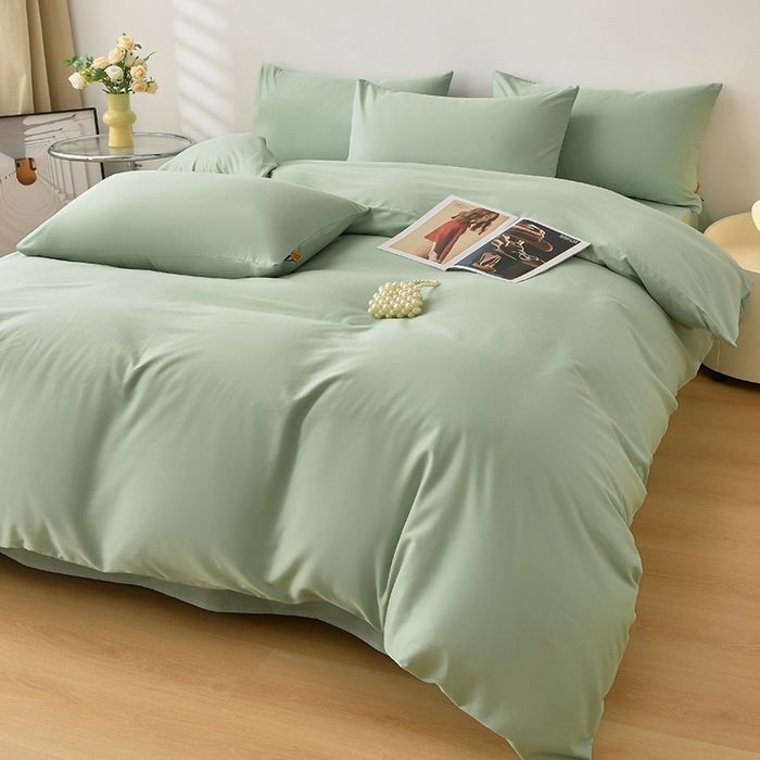 91家纺网 家纺一手货源 找家纺 宇彬家纺 2026直播热款A类13374全棉母婴级一字绣宽边枕套被套纯色四件套贡缎新疆长绒匹马棉轻奢-单被套 眠系列-炫彩绿