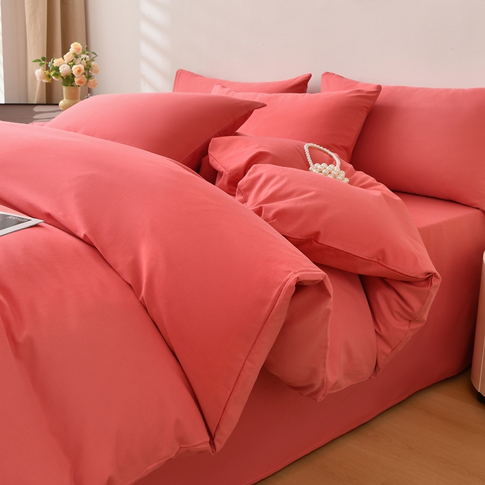 91家纺网 家纺一手货源 找家纺 宇彬家纺 2026直播热款A类13374全棉母婴级一字绣宽边枕套被套纯色四件套贡缎新疆长绒匹马棉轻奢-单被套 眠系列-宝石红