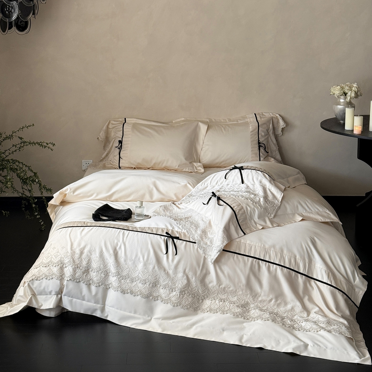 91家纺网 家纺一手货源 找家纺 （总）佳汐蓝家纺 秋冬新品100支澳棉立体刺绣双层花边+打褶+蝴蝶结四件套--邂逅