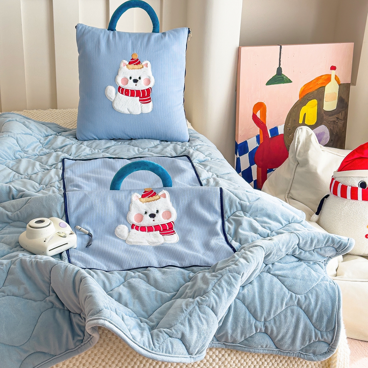 诺可 2025新款牛奶绒卡通贴布绣围脖生日小狗手提多功能抱枕被 围脖生日小狗-蓝