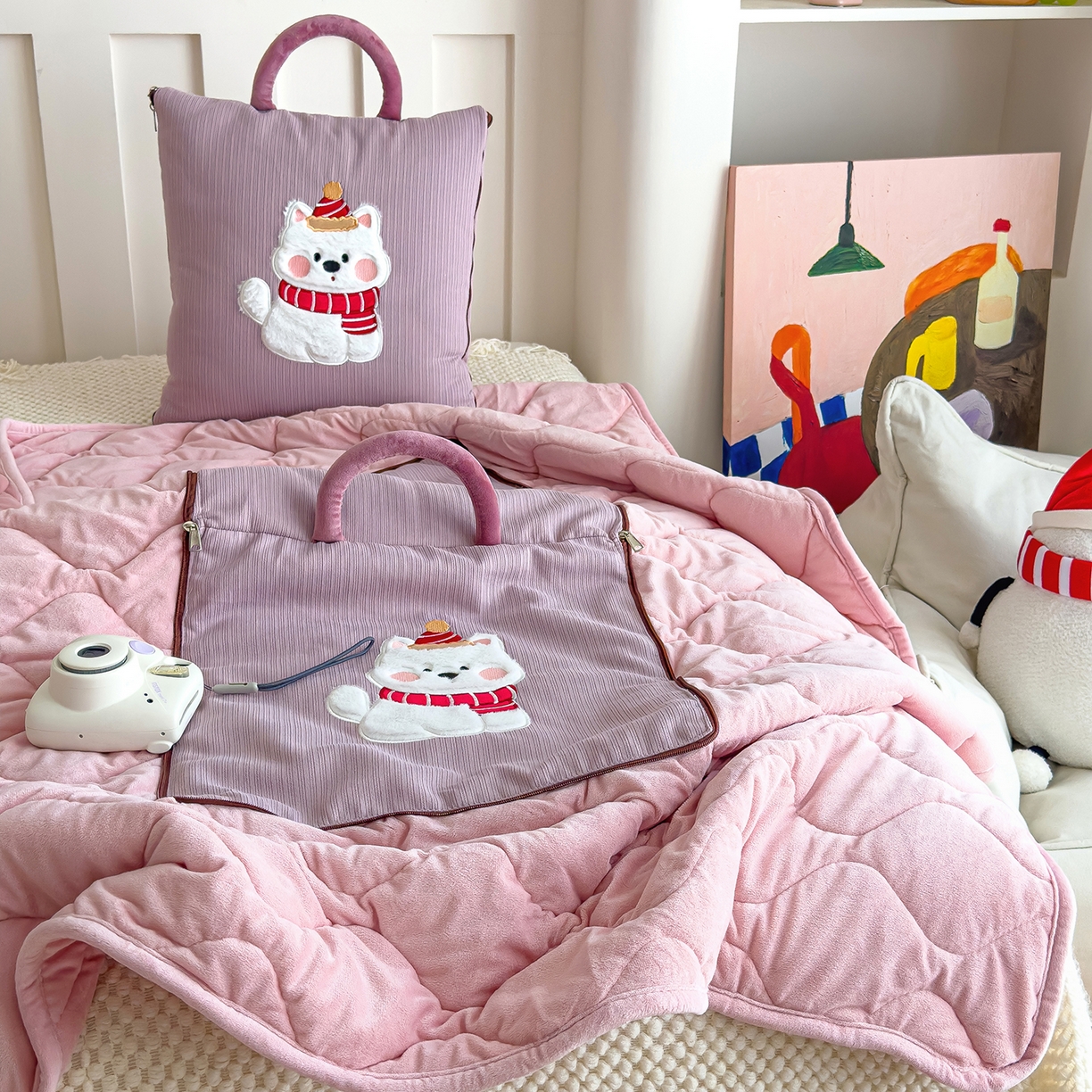 诺可 2025新款牛奶绒卡通贴布绣围脖生日小狗手提多功能抱枕被 围脖生日小狗-紫