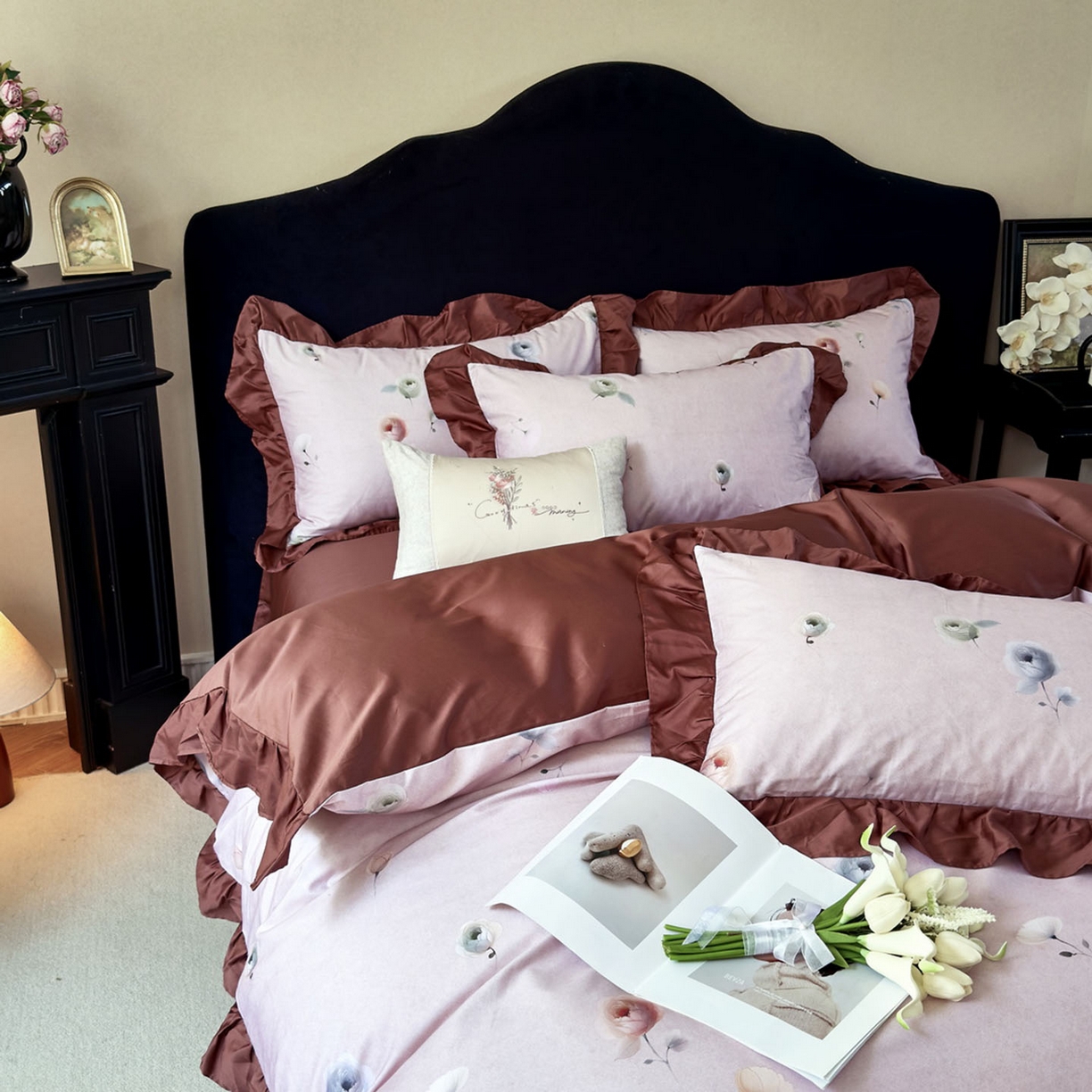 91家纺网 家纺一手货源 找家纺 （总）未来家居 2025新款法式全棉贡缎花边款数码印花四件套