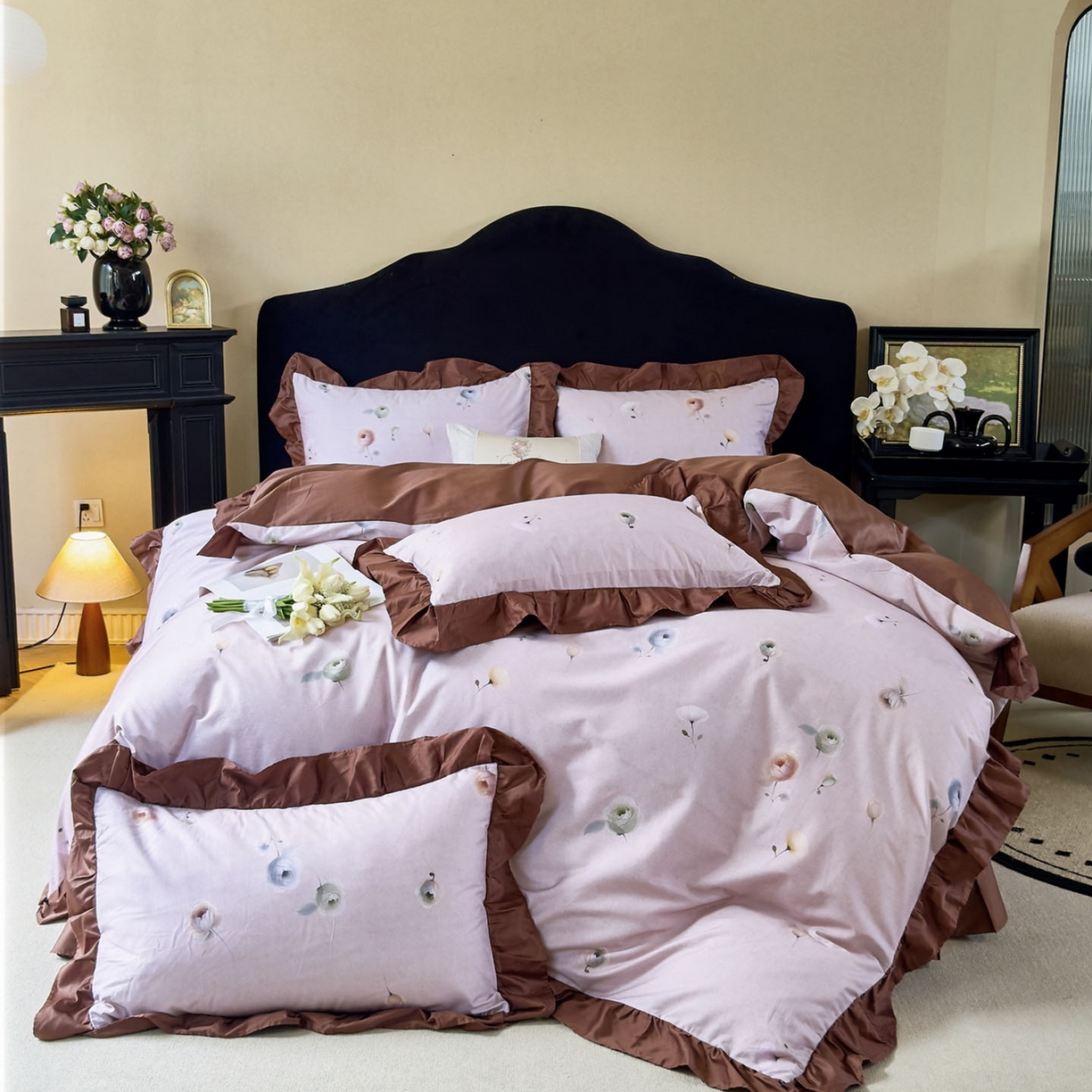 91家纺网 家纺一手货源 找家纺 （总）未来家居 2025新款法式全棉贡缎花边款数码印花四件套