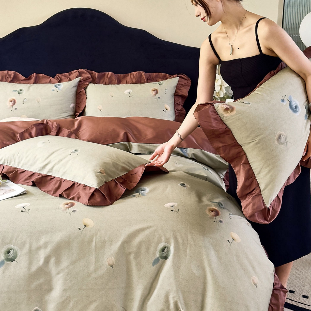 91家纺网 家纺一手货源 找家纺 （总）未来家居 2025新款法式全棉贡缎花边款数码印花四件套