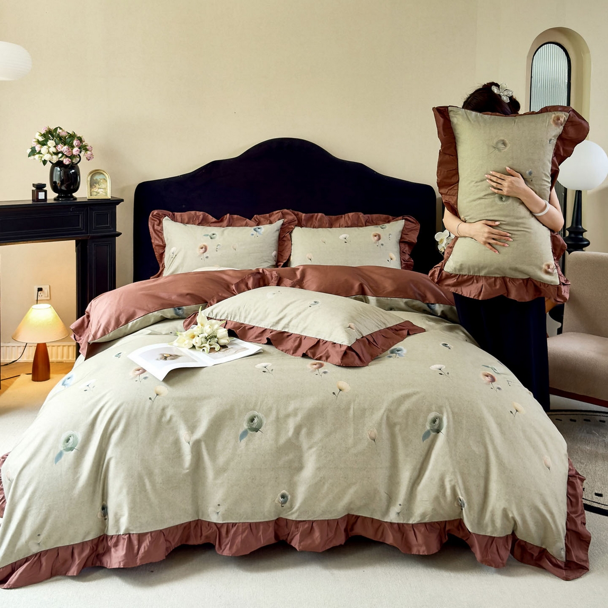 91家纺网 家纺一手货源 找家纺 未来家居 2025新款法式全棉贡缎花边款数码印花四件套 艾恩瑟-绿