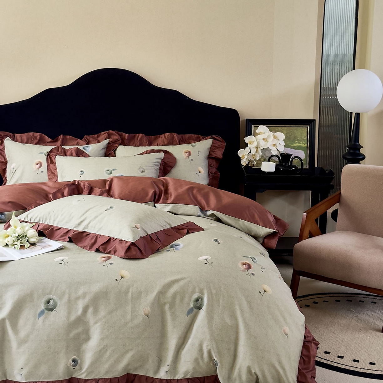 91家纺网 家纺一手货源 找家纺 未来家居 2025新款法式全棉贡缎花边款数码印花四件套 艾恩瑟-绿