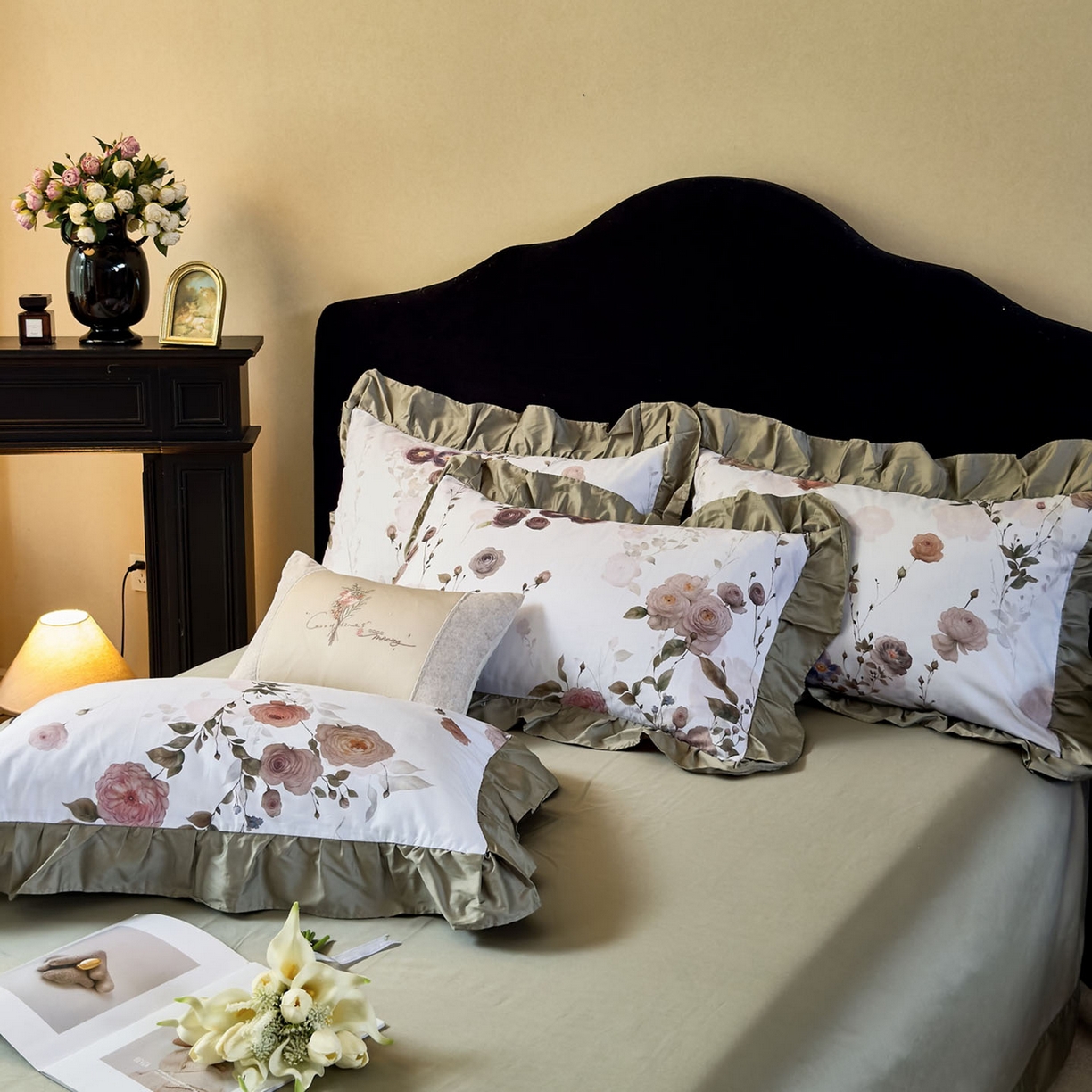 91家纺网 家纺一手货源 找家纺 未来家居 2025新款法式全棉贡缎花边款数码印花四件套 疏棠-绿