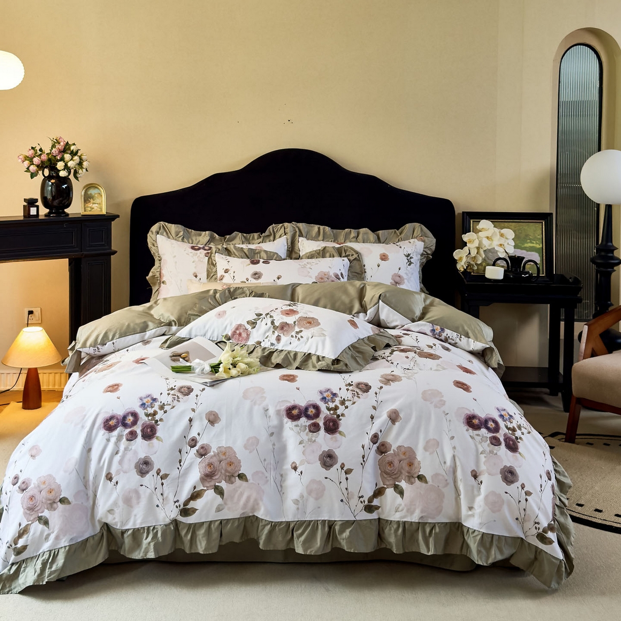 91家纺网 家纺一手货源 找家纺 未来家居 2025新款法式全棉贡缎花边款数码印花四件套 疏棠-绿