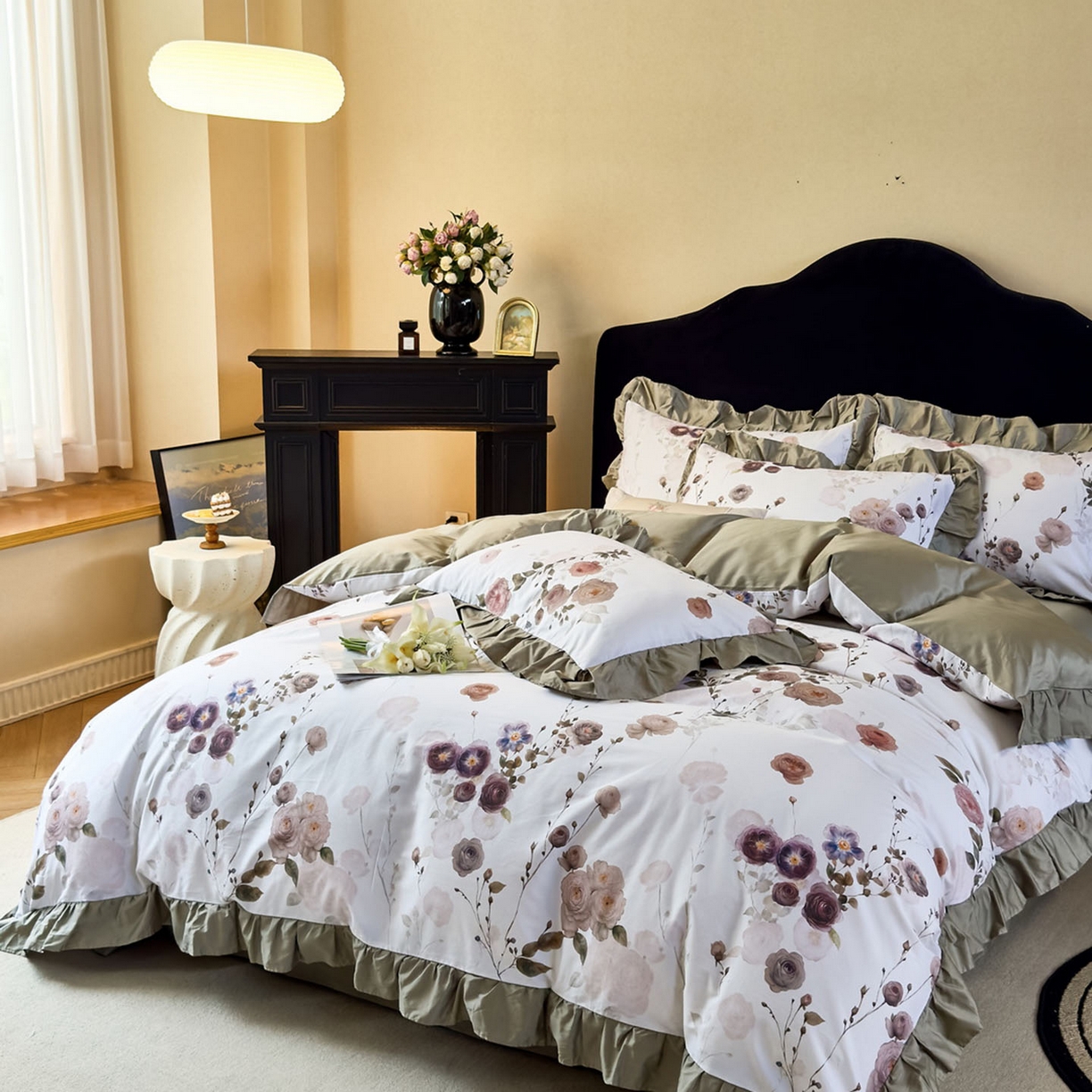 91家纺网 家纺一手货源 找家纺 未来家居 2025新款法式全棉贡缎花边款数码印花四件套 疏棠-绿