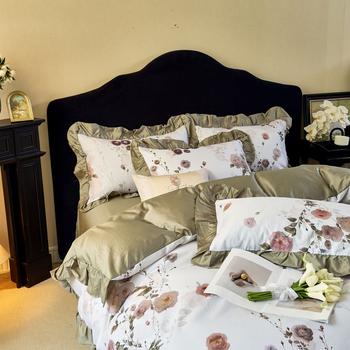 91家纺网 家纺一手货源 找家纺 未来家居 2025新款法式全棉贡缎花边款数码印花四件套 疏棠-绿