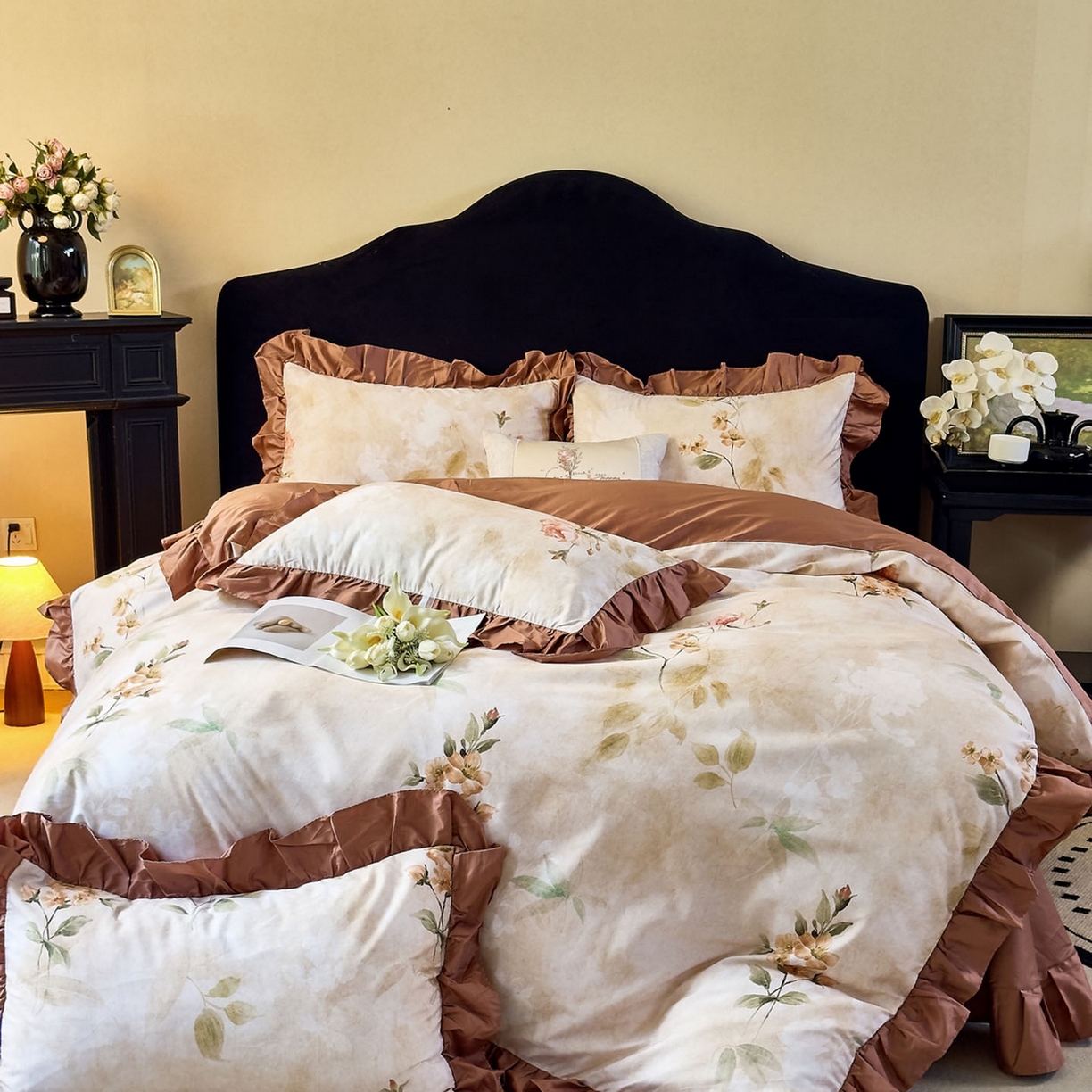 91家纺网 家纺一手货源 找家纺 未来家居 2025新款法式全棉贡缎花边款数码印花四件套 希贝尔