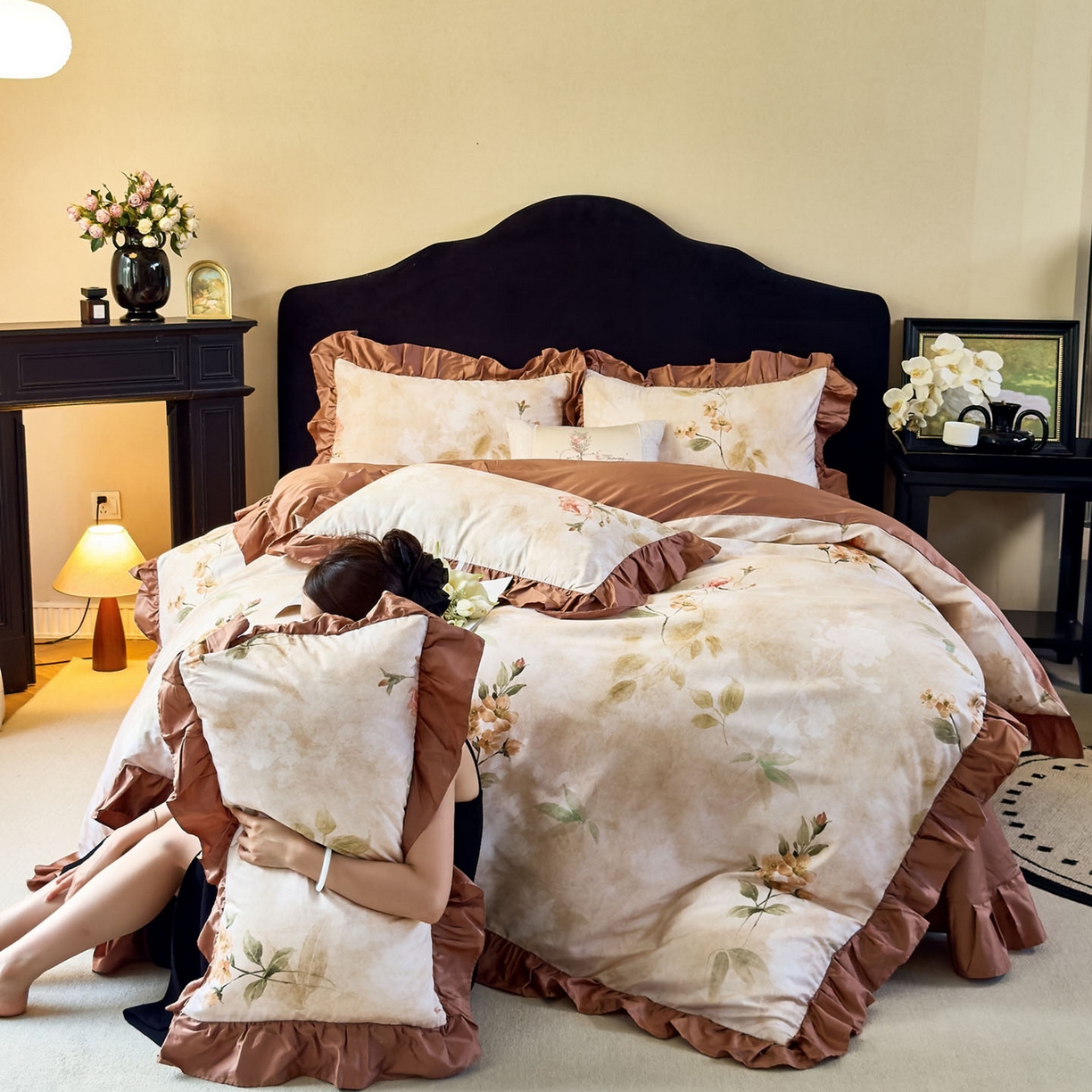 91家纺网 家纺一手货源 找家纺 未来家居 2025新款法式全棉贡缎花边款数码印花四件套 希贝尔