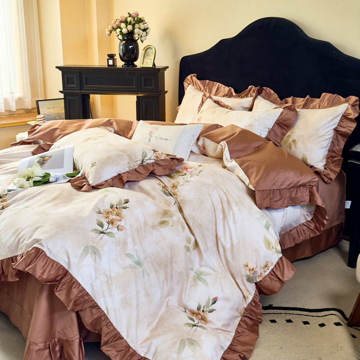 91家纺网 家纺一手货源 找家纺 未来家居 2025新款法式全棉贡缎花边款数码印花四件套 希贝尔