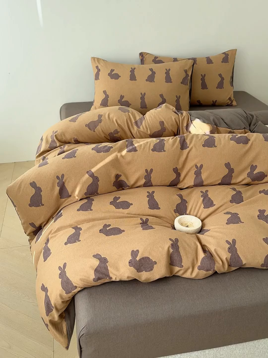 91家纺网 家纺一手货源 找家纺 竹合家纺 2025秋冬新款加厚磨毛色织暖绒系列针织四件套高克重 幸运兔