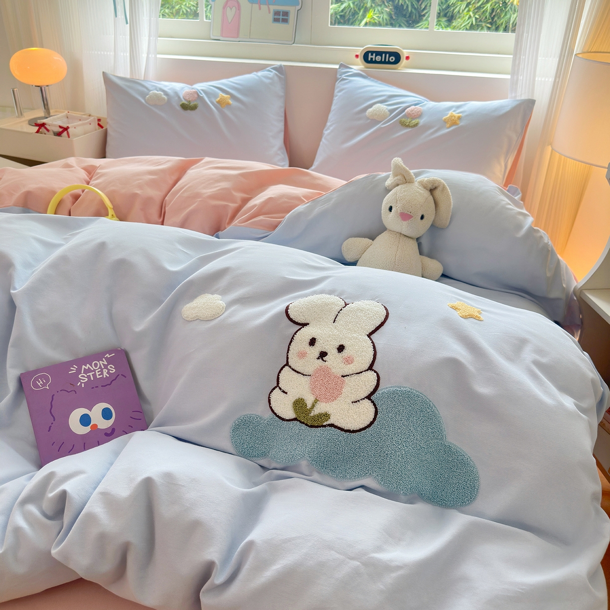 91家纺网 家纺一手货源 找家纺 锦觅 2025秋冬新款A类纯色小清新全棉磨毛绣花保暖四件套-第二批 可爱小兔