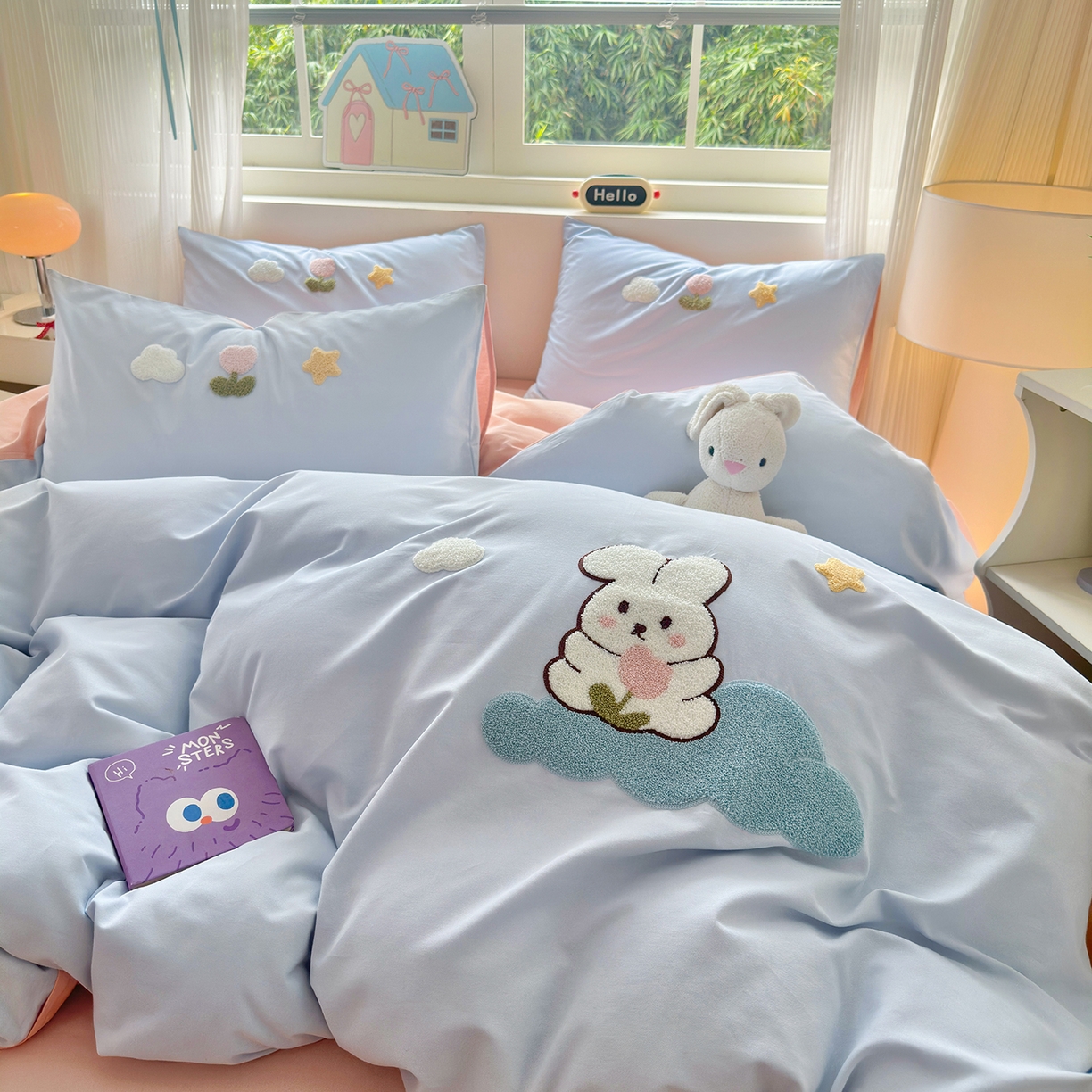 91家纺网 家纺一手货源 找家纺 锦觅 2025秋冬新款A类纯色小清新全棉磨毛绣花保暖四件套-第二批 可爱小兔