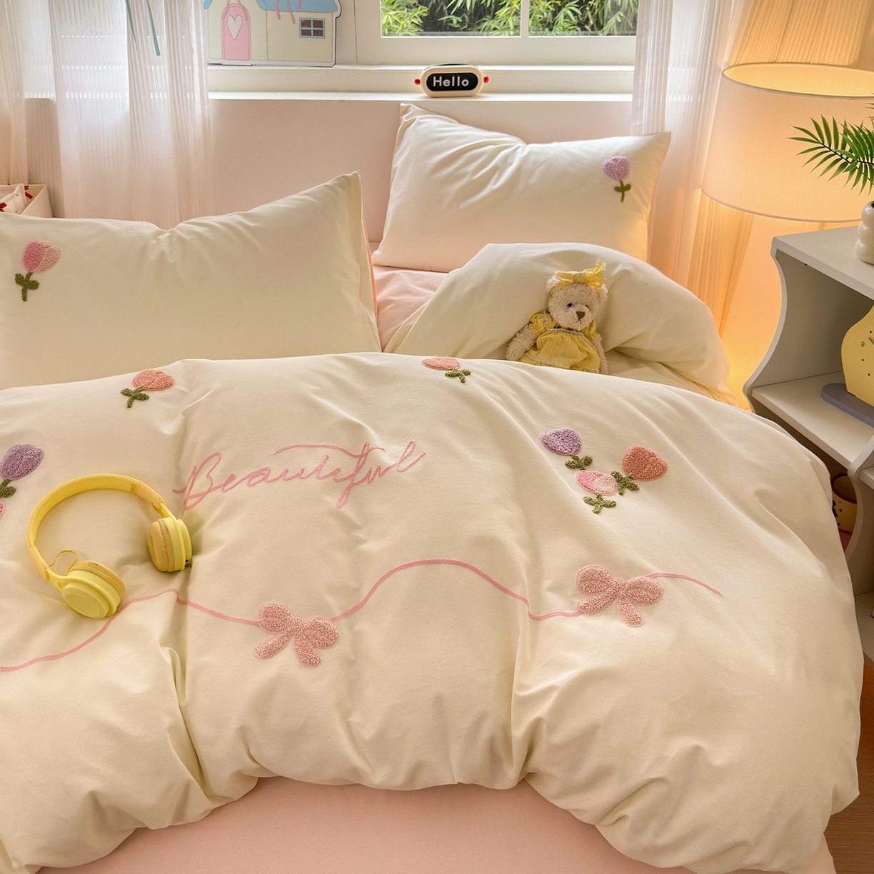 锦觅 2025秋冬新款A类纯色小清新全棉磨毛绣花保暖四件套-第二批 繁花似锦（米粉）