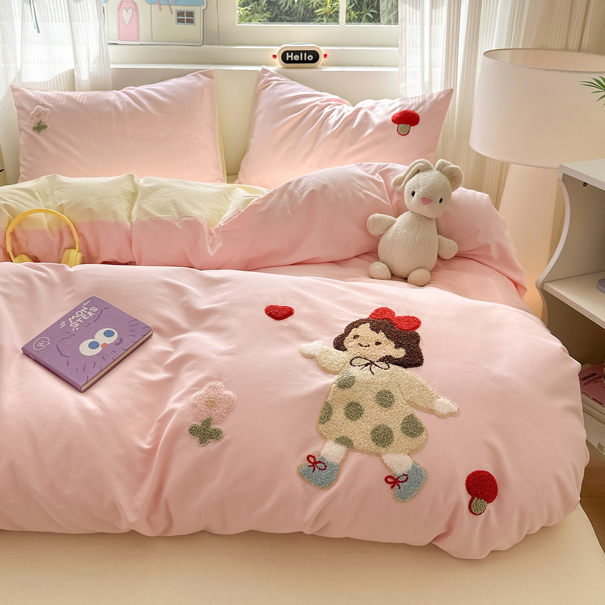 锦觅 2025秋冬新款A类纯色小清新全棉磨毛绣花保暖四件套-第二批 可爱女孩（粉白）