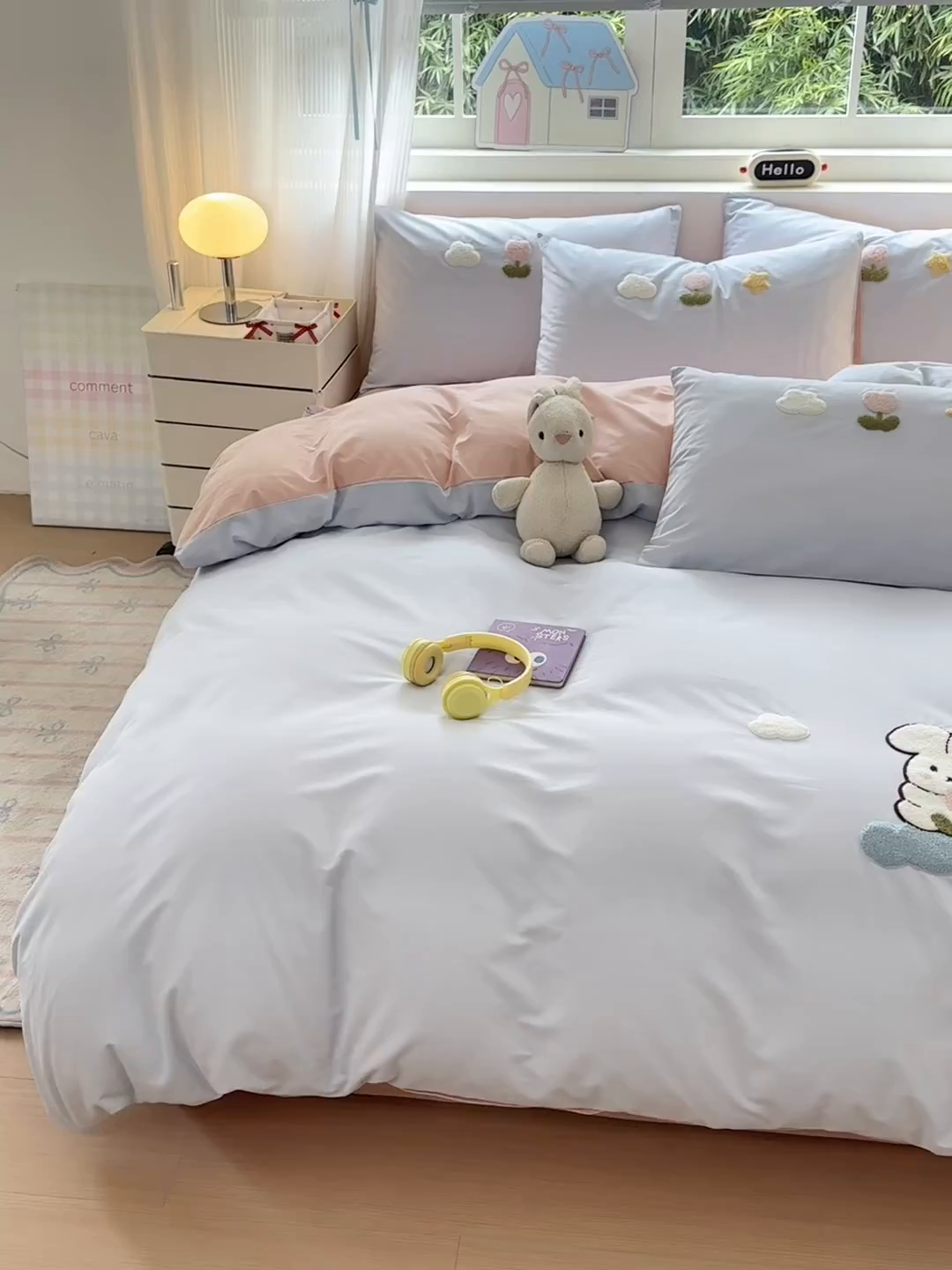 91家纺网 家纺一手货源 找家纺 锦觅 2025秋冬新款A类纯色小清新全棉磨毛绣花保暖四件套-第二批 可爱小兔