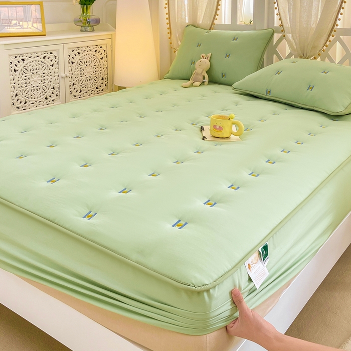 91家纺网 家纺一手货源 找家纺 安逸恋 2025新款简约新疆棉花单床笠床笠单件单品床笠 果绿