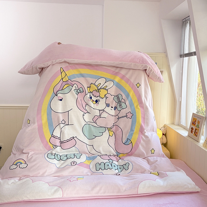 91家纺网 家纺一手货源 找家纺 ds生活馆 2025新款大版高克重双面牛奶绒四件套 独角兽小兔