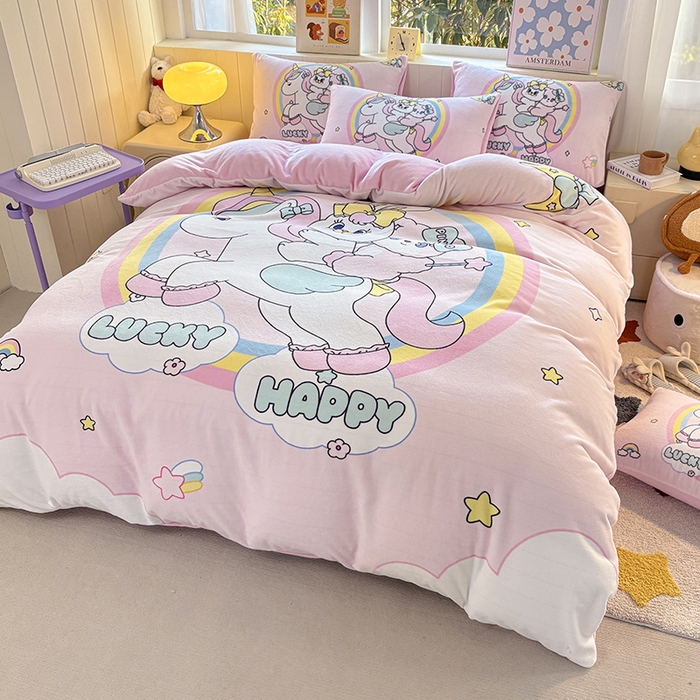 91家纺网 家纺一手货源 找家纺 ds生活馆 2025新款大版高克重双面牛奶绒四件套 独角兽小兔