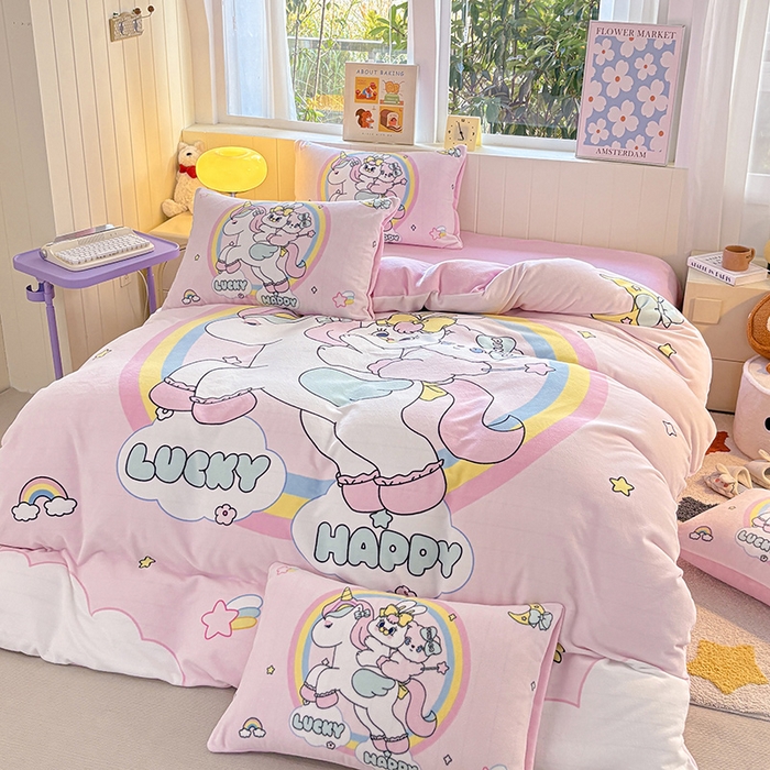 91家纺网 家纺一手货源 找家纺 ds生活馆 2025新款大版高克重双面牛奶绒四件套 独角兽小兔