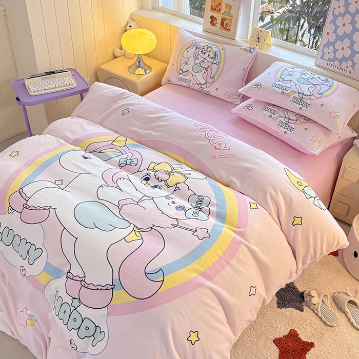 91家纺网 家纺一手货源 找家纺 ds生活馆 2025新款大版高克重双面牛奶绒四件套 独角兽小兔