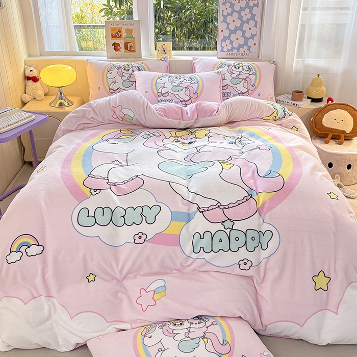 91家纺网 家纺一手货源 找家纺 ds生活馆 2025新款大版高克重双面牛奶绒四件套 独角兽小兔