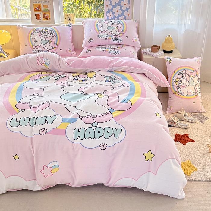 91家纺网 家纺一手货源 找家纺 ds生活馆 2025新款大版高克重双面牛奶绒四件套 独角兽小兔