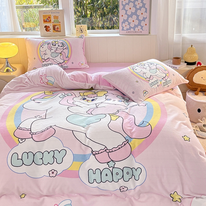 91家纺网 家纺一手货源 找家纺 ds生活馆 2025新款大版高克重双面牛奶绒四件套 独角兽小兔