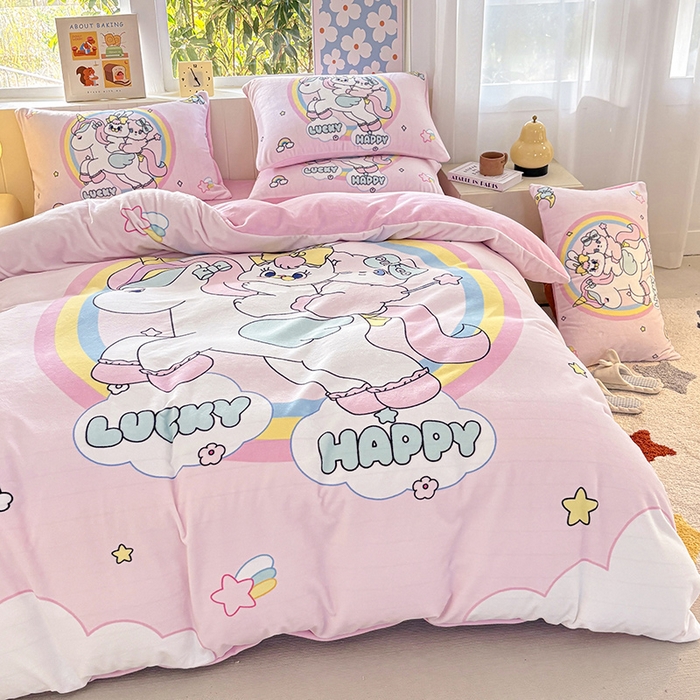 91家纺网 家纺一手货源 找家纺 ds生活馆 2025新款大版高克重双面牛奶绒四件套 独角兽小兔