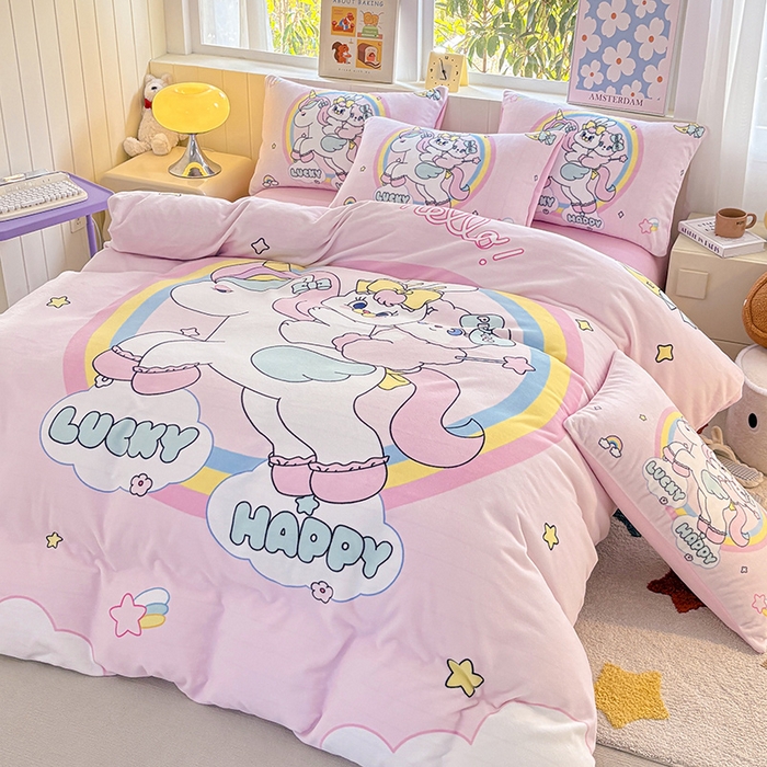 91家纺网 家纺一手货源 找家纺 ds生活馆 2025新款大版高克重双面牛奶绒四件套 独角兽小兔