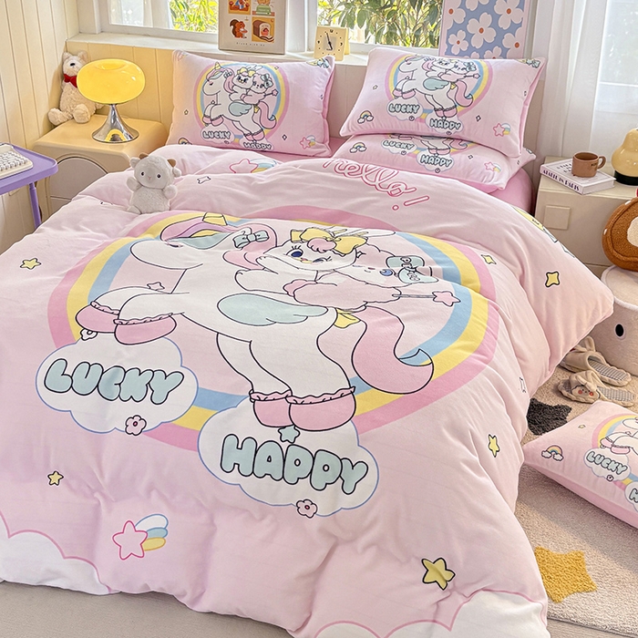 91家纺网 家纺一手货源 找家纺 ds生活馆 2025新款大版高克重双面牛奶绒四件套 独角兽小兔