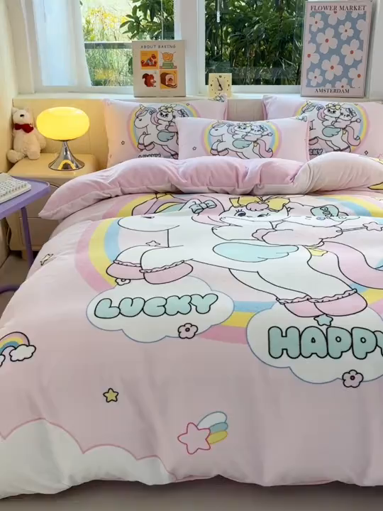 91家纺网 家纺一手货源 找家纺 ds生活馆 2025新款大版高克重双面牛奶绒四件套 独角兽小兔