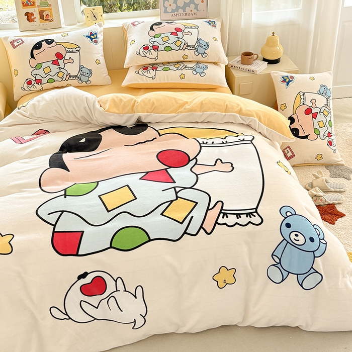 91家纺网 家纺一手货源 找家纺 ds生活馆 2025新款大版高克重双面牛奶绒四件套 瞌睡小新