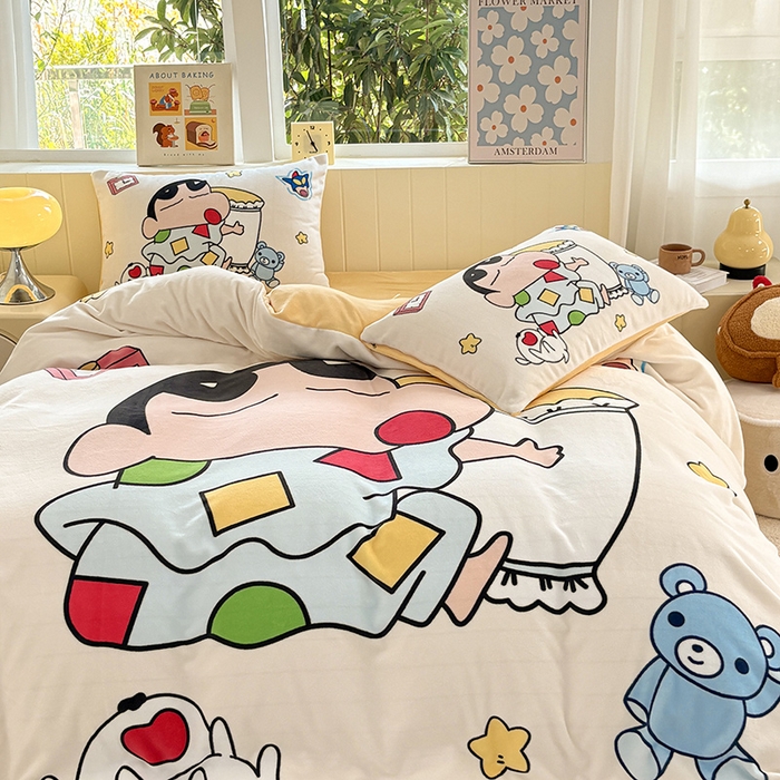 91家纺网 家纺一手货源 找家纺 ds生活馆 2025新款大版高克重双面牛奶绒四件套 瞌睡小新